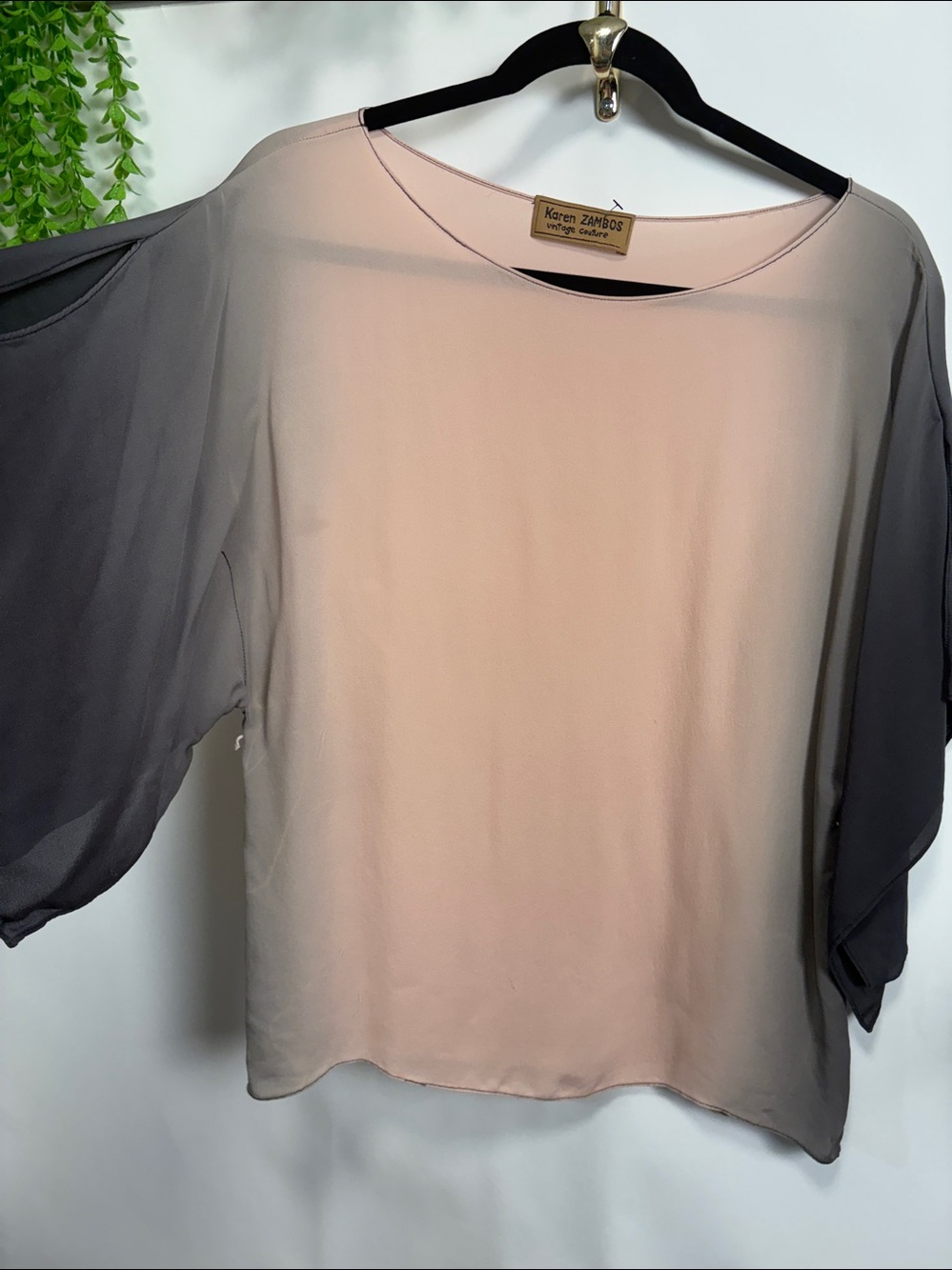 Karen Zambos Blush Pink Front with Gray Sleeves Draped Blouse - SILK